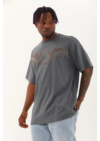 Unisex Oversize Taşlı Bisiklet Yaka T-Shirt - Füme modelleri