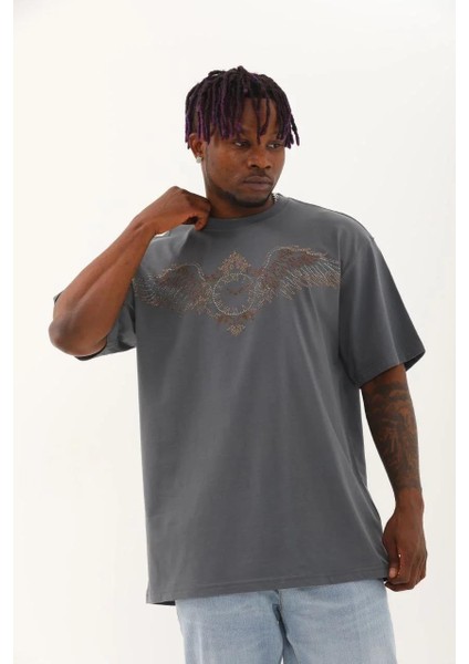 Unisex Oversize Taşlı Bisiklet Yaka T-Shirt - Füme fırsatları