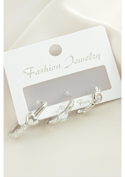 3 Adet Kalp Zirkon Taşlı Küpe