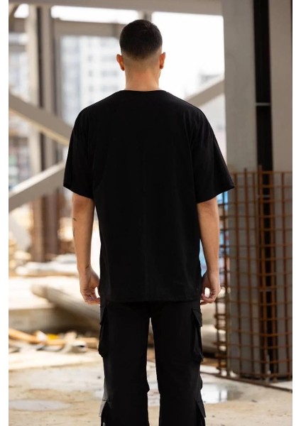 Unisex Bisiklet Yaka Baskılı Oversize T-Shirt - Siyah fiyatları