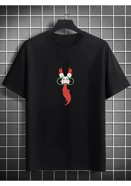 Unisex Bisiklet Yaka Baskılı Oversize T-Shirt - Siyah