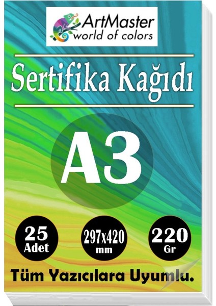 A3 Sertifika Kağıdı 25 Adet 220 Gram Kalın Fotokopi Kağıdı Tüm Yazıcılara Uyumlu 29.7X42 cm Kalın Baskı Kağıdı