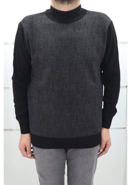 Fistan Store Erkek Siyah Desenli Spor Kesim Rahat Kalıp Yarım Balıkçı Yaka Kışlık Yünlü Kazak