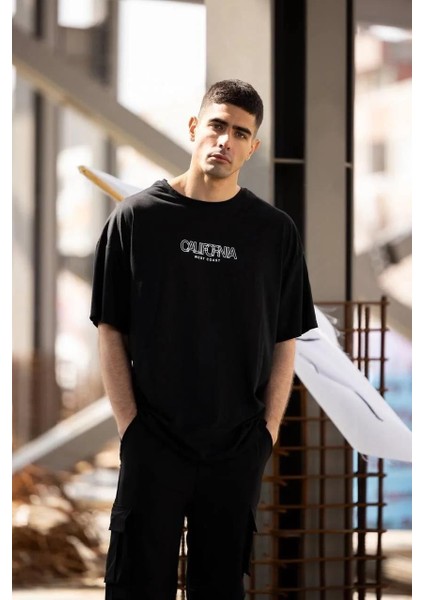 Unisex Bisiklet Yaka Baskılı Oversize T-Shirt - Siyah modelleri