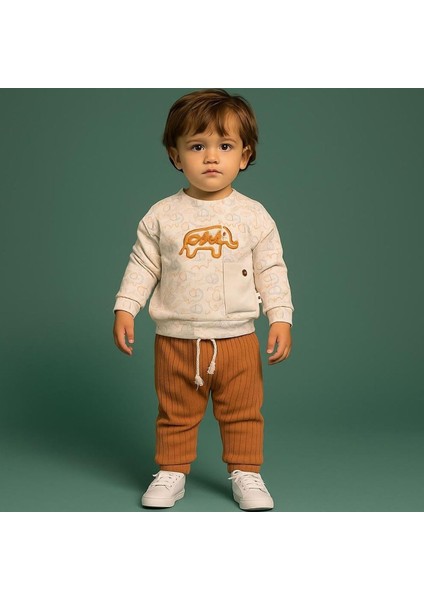 Erkek Bebek Ekru Kahve Filli Desenli 2'li Takım - 1016176