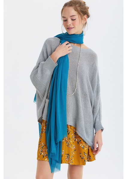 Ince Dökümlü Bambu Şal Mavi Turkuaz