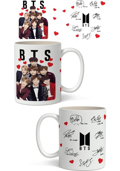 Bts ve Bts Imza Tasarımlı Baskılı Kupa Bardak - Arkadaşa Sevgiliye Hediye Kupa Bardak
