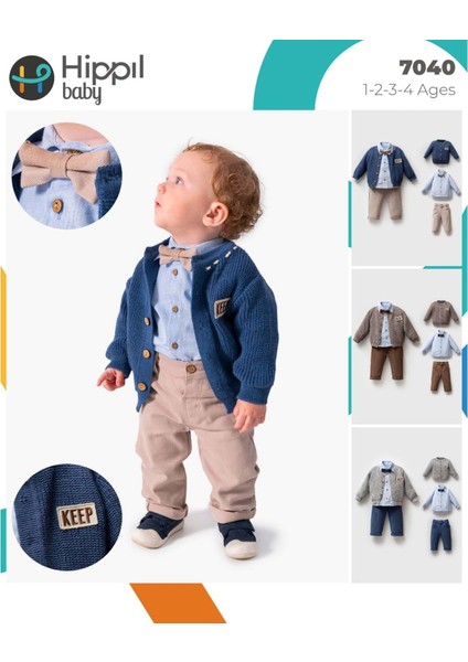 Hippıl Papyonlu Örgü Ceketli 1-4 Yaş Erkek 3lü TAKIM-7040655 - Kahverengi