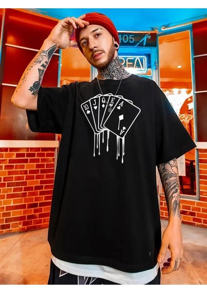 Erkek Büyük Beden Kart Baskılı Düz Renk Kısa Kollu Bisiklet Yaka Tişört Gündelik Giyim - Siyah indirimleri