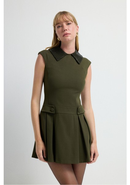 Yakası Taş Detaylı Gabardin Elbise Haki 12445681000