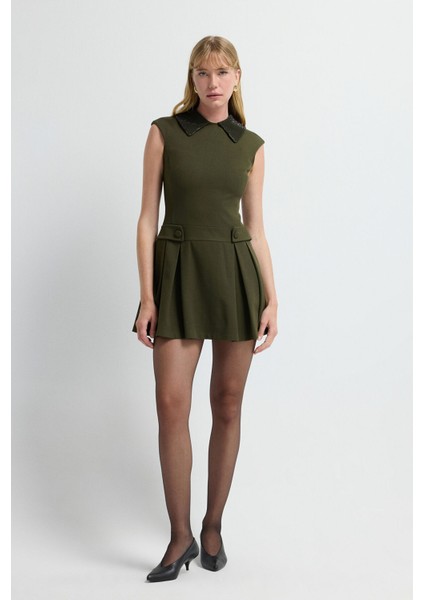 Yakası Taş Detaylı Gabardin Elbise Haki 12445681000 modelleri