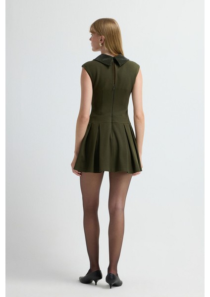 Yakası Taş Detaylı Gabardin Elbise Haki 12445681000 indirimleri