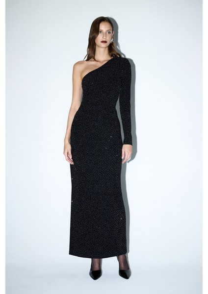 Asimetrik Örme Elbise Siyah 12444590002