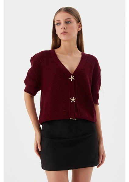 Yıldız Düğmeli Kısa Kol Hırka Bordo