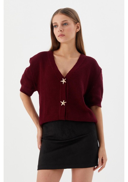 Yıldız Düğmeli Kısa Kol Hırka Bordo modelleri