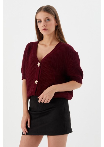 Yıldız Düğmeli Kısa Kol Hırka Bordo fırsatları