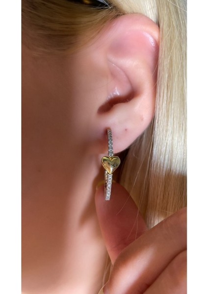 Altın Kaplama Mini Kalp Zirkon Taşlı Halka Küpe 925 Ayar Gümüş