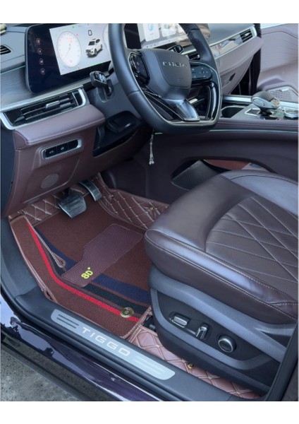 Chery Tiggo 2024 Sonrası 8 Pro Max 7 Kişilik Aracına Özel 8d Çift Katmanlı Havuzlu Paspas Takımı (Koyu Kahverengi - Çizgili)