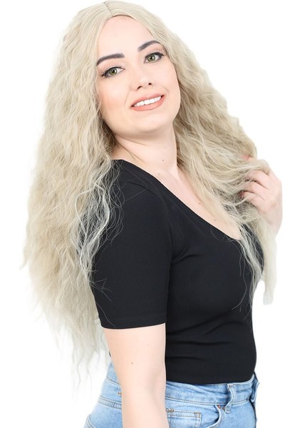 Kabarık Dalgalı Uzun Fiber Sentetik Peruk / Balköpüğü / Platin Röfleli fiyatları