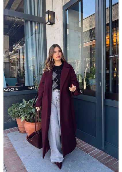 Bordo Kuşaklı Astarlı Oversize Kol Detay Yün Kaban