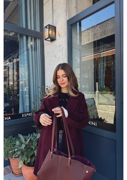 Bordo Kuşaklı Astarlı Oversize Kol Detay Yün Kaban modelleri