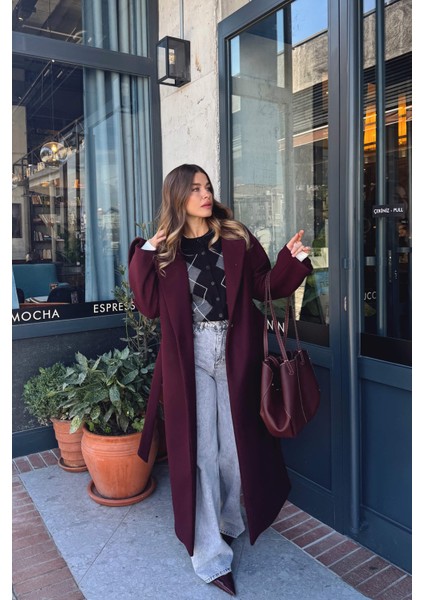 Bordo Kuşaklı Astarlı Oversize Kol Detay Yün Kaban fırsatları
