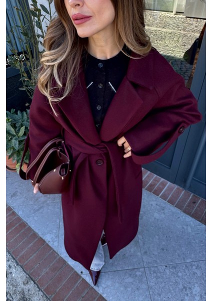 Bordo Kuşaklı Astarlı Oversize Kol Detay Yün Kaban indirimleri