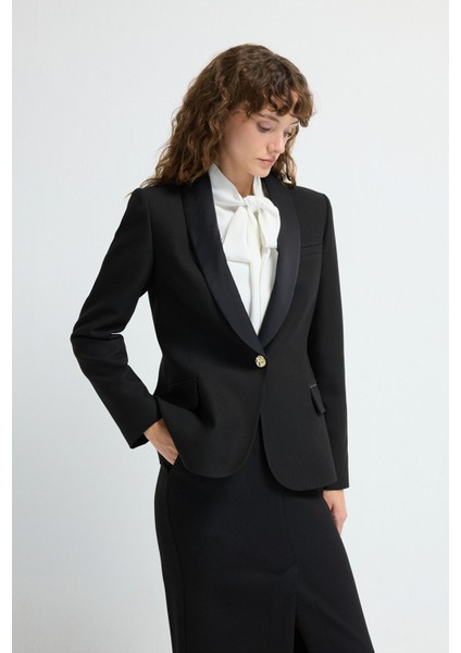 Yakası Saten Detaylı Ceket Siyah 11944403001