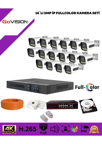 Govision Go Vision 16'lı Güvenlik Ip Kamera Seti - 5mp Dış Mekan Kamera, 3.6mm Lens, H.265, Poe, Warm LED Gece Görüşlü