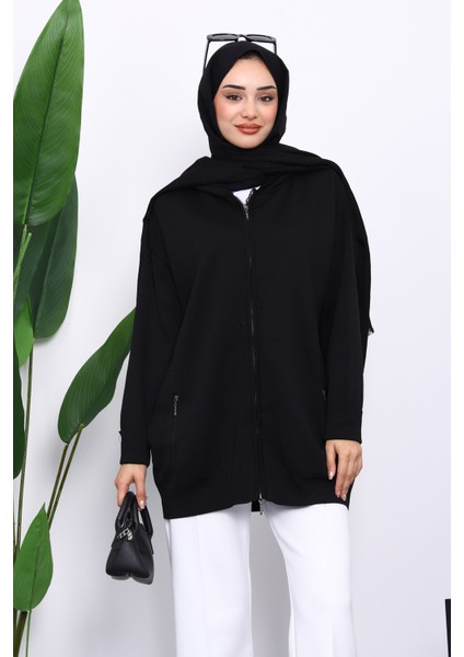 Siyah Çift Cepli Fermuarlı Triko Hırka