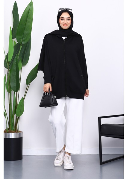 Siyah Çift Cepli Fermuarlı Triko Hırka fiyatları