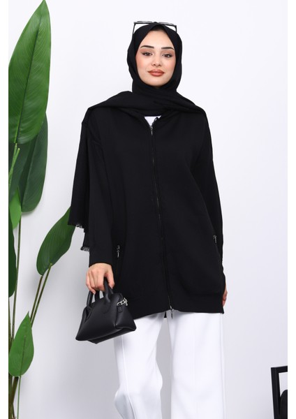 Siyah Çift Cepli Fermuarlı Triko Hırka modelleri