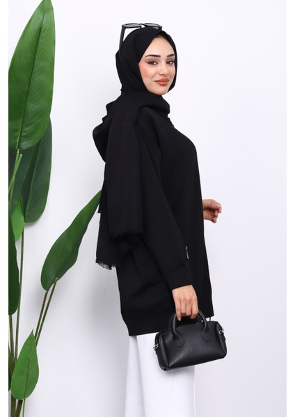 Siyah Çift Cepli Fermuarlı Triko Hırka fırsatları