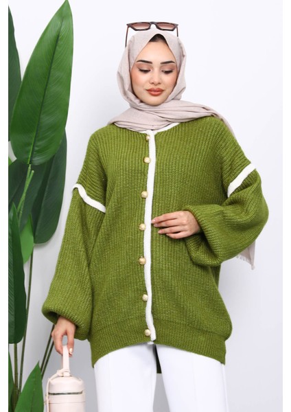 Yeşil Balon Kol Düğmeli Triko Hırka