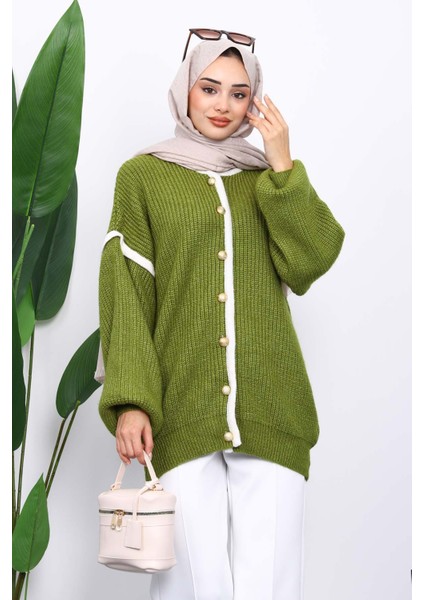 Yeşil Balon Kol Düğmeli Triko Hırka modelleri