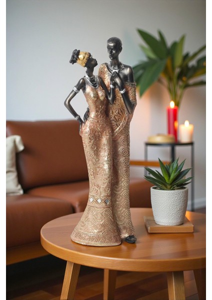 Lüks Işlemeli Geleneksel Yerel Kıyafetli Afrikalı Çift Heykeli Dekoratif Biblo Ev Ofis Hediyesi Mdl1