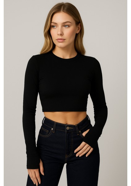 Kadın Buzy Kumaş Parmak Geçmeli Siyah Crop Body| Uzun Kollu – Likralı