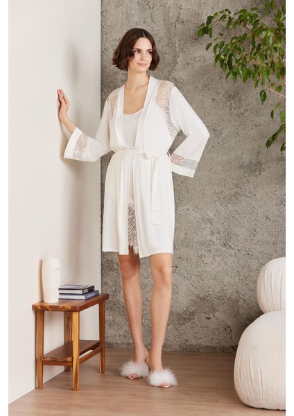 Penye Dantelli Kadın Gecelik ve Sabahlık Takım - 4015 Ekru