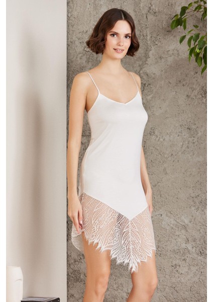 Penye Dantelli Kadın Gecelik ve Sabahlık Takım - 4015 Ekru fiyatları