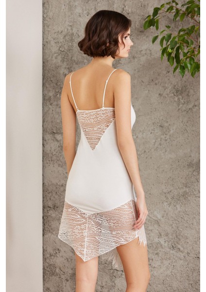 Penye Dantelli Kadın Gecelik ve Sabahlık Takım - 4015 Ekru modelleri