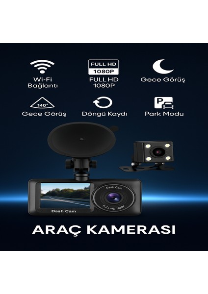 Wifi Destekli Full Hd 1080P Araç Kamerası | Gece Görüşlü Çift Kamera | Park Modu & Döngü Kaydı