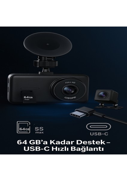 Wifi Destekli Full Hd 1080P Araç Kamerası | Gece Görüşlü Çift Kamera | Park Modu & Döngü Kaydı