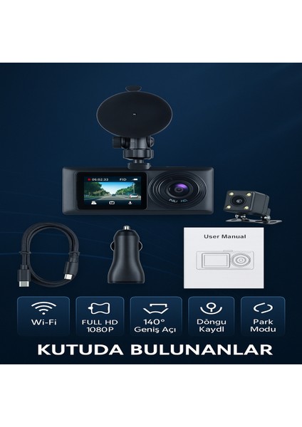 Wifi Destekli Full Hd 1080P Araç Kamerası | Gece Görüşlü Çift Kamera | Park Modu & Döngü Kaydı