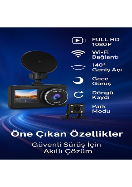 Wifi Destekli Full Hd 1080P Araç Kamerası | Gece Görüşlü Çift Kamera | Park Modu & Döngü Kaydı