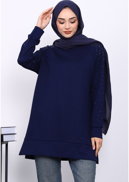 Lacivert Taş Detaylı Modal Tunik