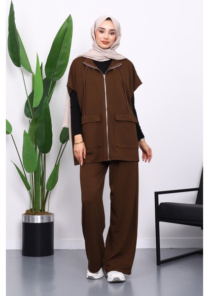 Kahverengi Fermuarlı Çift Cepli Modal Yelek Pantolonlu Takım