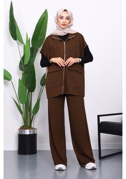 Kahverengi Fermuarlı Çift Cepli Modal Yelek Pantolonlu Takım fiyatları