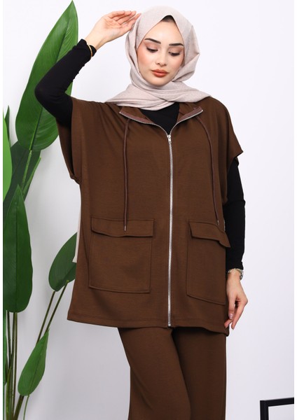 Kahverengi Fermuarlı Çift Cepli Modal Yelek Pantolonlu Takım modelleri