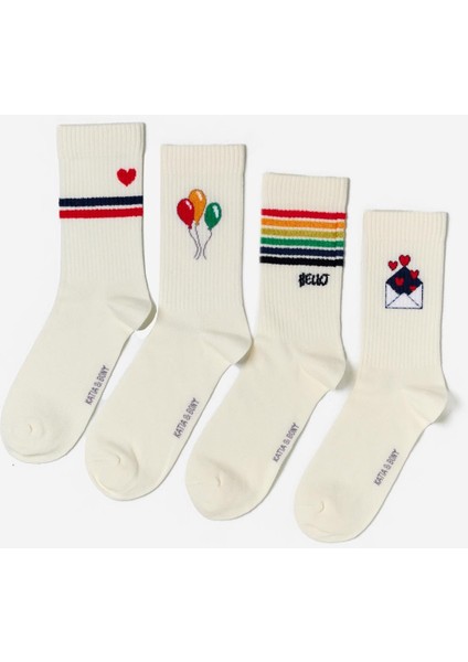 Baskılı 4'lü Paket Soket Çorap Ekru