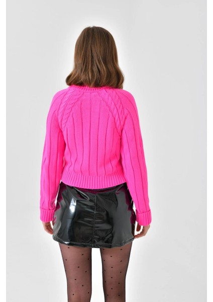 Kadın Kazak Boyunlu Örgü Detaylı Kısa Kazak Pembe - 8090 fiyatları